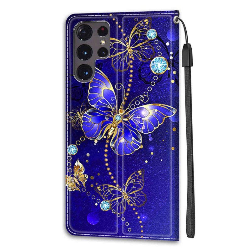 Θήκη Flip Samsung Galaxy S22 Ultra 5G με κορδονι Ανεμιστήρας Strap Butterflies